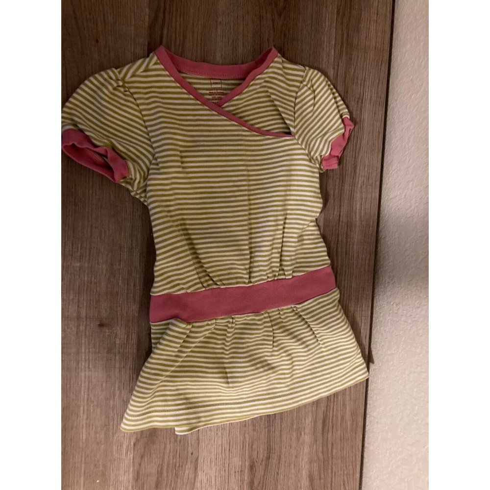 Tea Collection Light Green and White Striped Cotton Dress Pink Trim 12-18 Months
